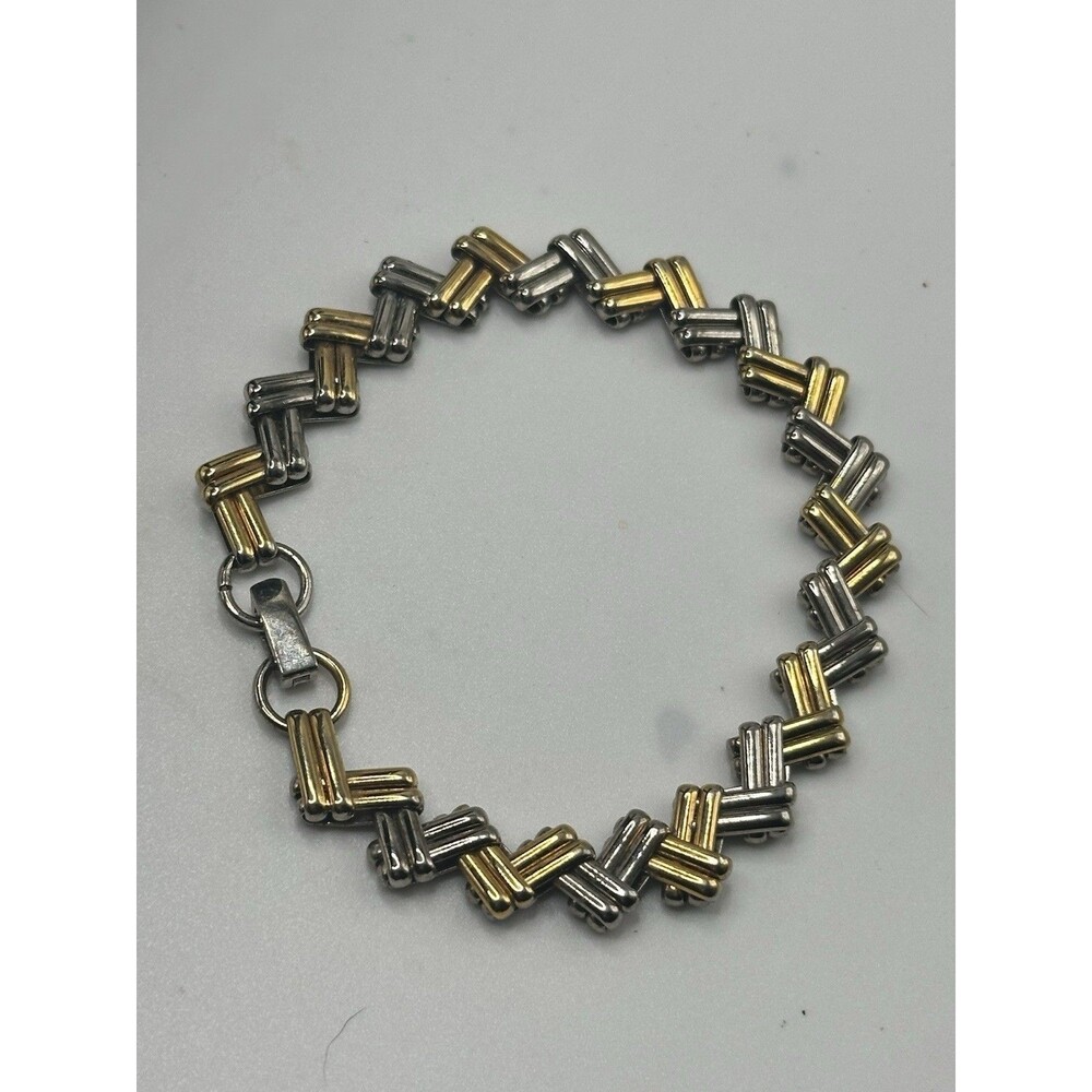 Vintage Two Tone Link Bracelet Gold Silver Tone Geometric Zig Zag